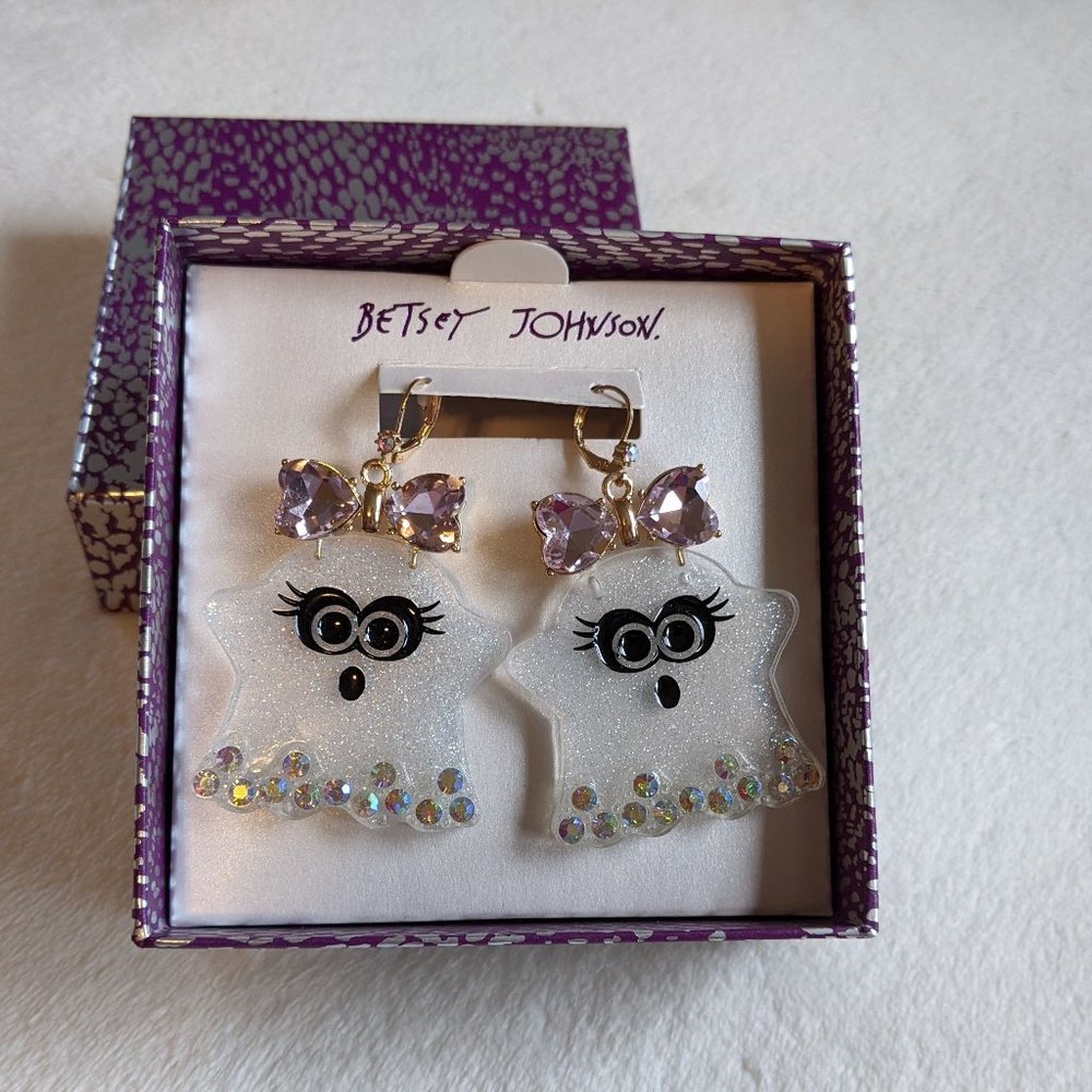 Betsey Johnson Ghost Earrings Clear with Pink Bow NWT